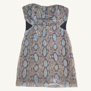Marineblu Strapless Snake Print Blue & Brown Sequin Mini Dress with Mesh